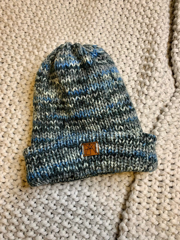 Adult Hand Knit Hat - Blue and Grey Multi